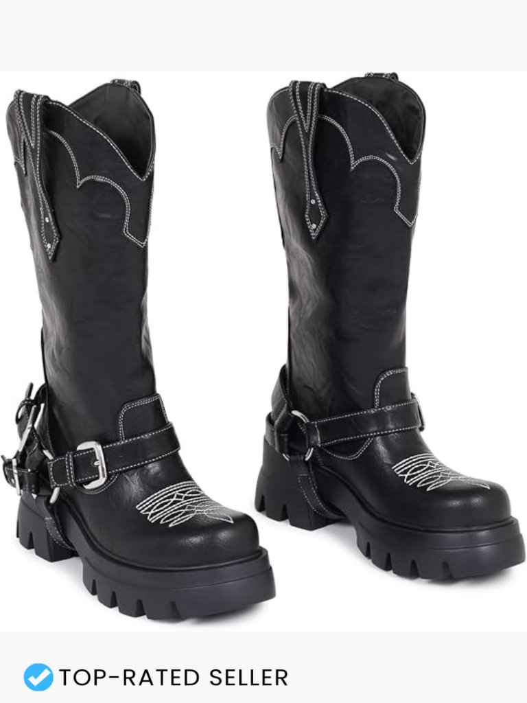 Faux Leather Mid-Calf Cowboy Boots Chunky Heel Round Toe Buckle Western Shoes